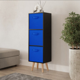 URBNLIVING 80cm Height 3 Tier Black Wooden Storage Bookcase Scandinavian Style Beech Legs With Dark Blue Inserts
