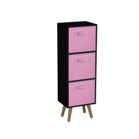 URBNLIVING 80cm Height 3 Tier Black Wooden Storage Bookcase Scandinavian Style Beech Legs With Light Pink Inserts