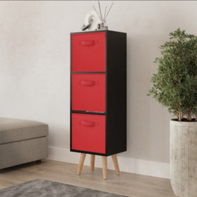 URBNLIVING 80cm Height 3 Tier Black Wooden Storage Bookcase Scandinavian Style Beech Legs With Red Inserts