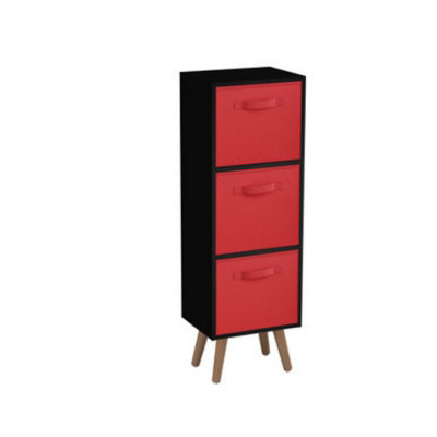 URBNLIVING 80cm Height 3 Tier Black Wooden Storage Bookcase Scandinavian Style Beech Legs With Red Inserts