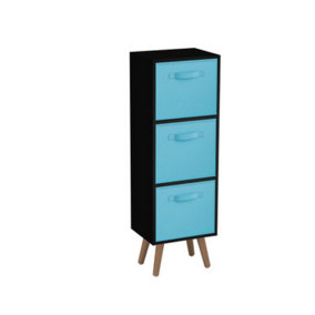 URBNLIVING 80cm Height 3 Tier Black Wooden Storage Bookcase Scandinavian Style Beech Legs With Sky Blue Inserts