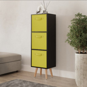 URBNLIVING 80cm Height 3 Tier Black Wooden Storage Bookcase Scandinavian Style Beech Legs With Yellow Inserts