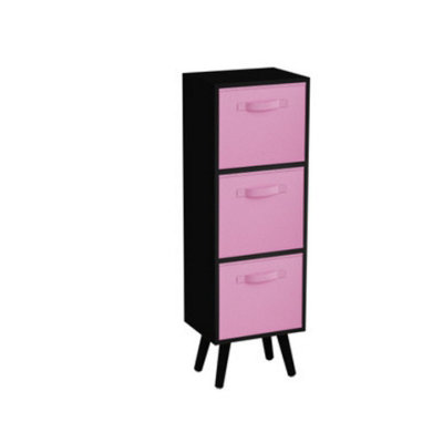 URBNLIVING 80cm Height 3 Tier Black Wooden Storage Bookcase Scandinavian Style Black Legs With Light Pink Inserts