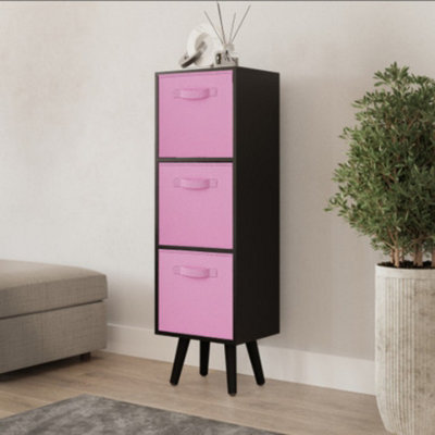 URBNLIVING 80cm Height 3 Tier Black Wooden Storage Bookcase Scandinavian Style Black Legs With Light Pink Inserts