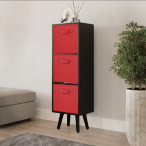 URBNLIVING 80cm Height 3 Tier Black Wooden Storage Bookcase Scandinavian Style Black Legs With Red Inserts