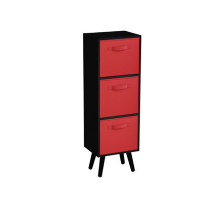 URBNLIVING 80cm Height 3 Tier Black Wooden Storage Bookcase Scandinavian Style Black Legs With Red Inserts