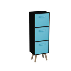 URBNLIVING 80cm Height 3 Tier Black Wooden Storage Bookcase Scandinavian Style Pine Legs With Sky Blue Inserts