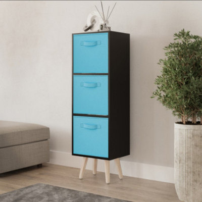 URBNLIVING 80cm Height 3 Tier Black Wooden Storage Bookcase Scandinavian Style Pine Legs With Sky Blue Inserts