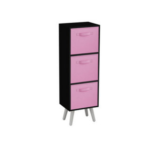 URBNLIVING 80cm Height 3 Tier Black Wooden Storage Bookcase Scandinavian Style White Legs With Light Pink Inserts