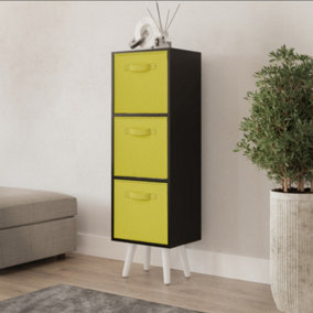 URBNLIVING 80cm Height 3 Tier Black Wooden Storage Bookcase Scandinavian Style White Legs With Yellow Inserts