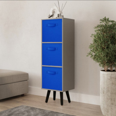 URBNLIVING 80cm Height 3 Tier Grey Wooden Storage Bookcase Scandinavian Style Black Legs With Dark Blue Inserts