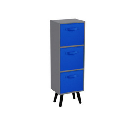 URBNLIVING 80cm Height 3 Tier Grey Wooden Storage Bookcase Scandinavian Style Black Legs With Dark Blue Inserts