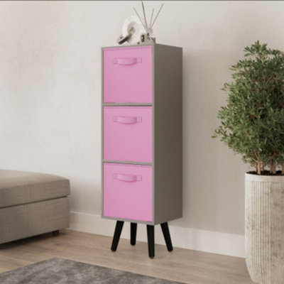 URBNLIVING 80cm Height 3 Tier Grey Wooden Storage Bookcase Scandinavian Style Black Legs With Light Pink Inserts