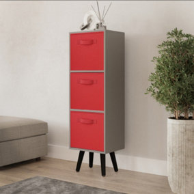 URBNLIVING 80cm Height 3 Tier Grey Wooden Storage Bookcase Scandinavian Style Black Legs With Red Inserts