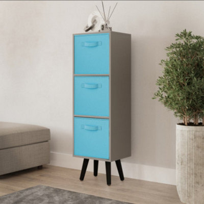 URBNLIVING 80cm Height 3 Tier Grey Wooden Storage Bookcase Scandinavian Style Black Legs With Sky Blue Inserts