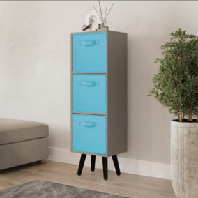 URBNLIVING 80cm Height 3 Tier Grey Wooden Storage Bookcase Scandinavian Style Black Legs With Sky Blue Inserts