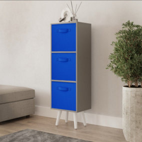 URBNLIVING 80cm Height 3 Tier Grey Wooden Storage Bookcase Scandinavian Style White Legs With Dark Blue Inserts