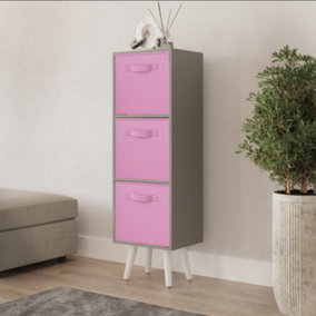 URBNLIVING 80cm Height 3 Tier Grey Wooden Storage Bookcase Scandinavian Style White Legs With Light Pink Inserts