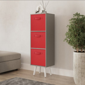 URBNLIVING 80cm Height 3 Tier Grey Wooden Storage Bookcase Scandinavian Style White Legs With Red Inserts