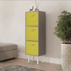 URBNLIVING 80cm Height 3 Tier Grey Wooden Storage Bookcase Scandinavian Style White Legs With Yellow Inserts