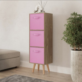 URBNLIVING 80cm Height 3 Tier Oak Wooden Storage Bookcase Scandinavian Style Beech Legs With Light Pink Inserts