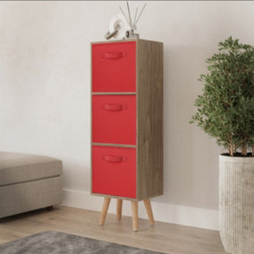 URBNLIVING 80cm Height 3 Tier Oak Wooden Storage Bookcase Scandinavian Style Beech Legs With Red Inserts