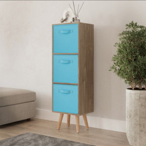 URBNLIVING 80cm Height 3 Tier Oak Wooden Storage Bookcase Scandinavian Style Beech Legs With Sky Blue Inserts