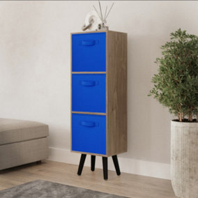URBNLIVING 80cm Height 3 Tier Oak Wooden Storage Bookcase Scandinavian Style Black Legs With Dark Blue Inserts