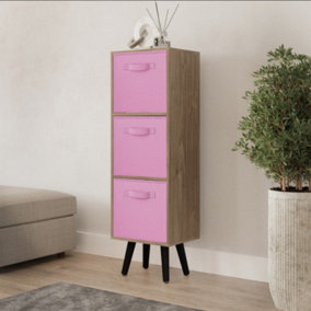 URBNLIVING 80cm Height 3 Tier Oak Wooden Storage Bookcase Scandinavian Style Black Legs With Light Pink Inserts