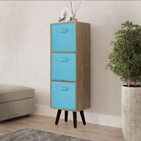URBNLIVING 80cm Height 3 Tier Oak Wooden Storage Bookcase Scandinavian Style Black Legs With Sky Blue Inserts