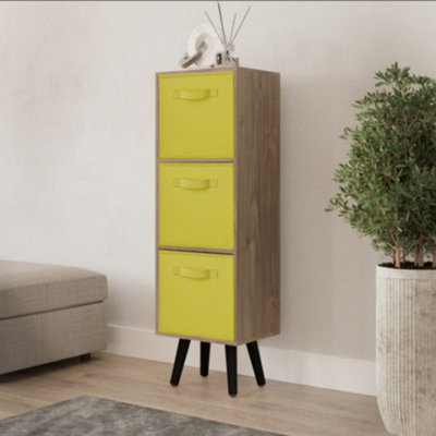 URBNLIVING 80cm Height 3 Tier Oak Wooden Storage Bookcase Scandinavian Style Black Legs With Yellow Inserts