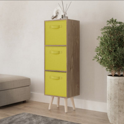 URBNLIVING 80cm Height 3 Tier Oak Wooden Storage Bookcase Scandinavian Style Pine Legs With Yellow Inserts