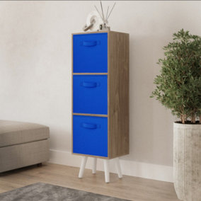URBNLIVING 80cm Height 3 Tier Oak Wooden Storage Bookcase Scandinavian Style White Legs With Dark Blue Inserts