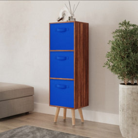 URBNLIVING 80cm Height 3 Tier Teak Wooden Storage Bookcase Scandinavian Style Beech Legs With Dark Blue Inserts