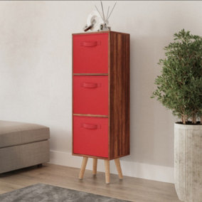 URBNLIVING 80cm Height 3 Tier Teak Wooden Storage Bookcase Scandinavian Style Beech Legs With Red Inserts