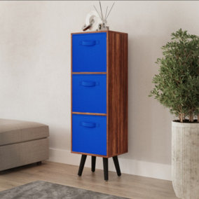 URBNLIVING 80cm Height 3 Tier Teak Wooden Storage Bookcase Scandinavian Style Black Legs With Dark Blue Inserts