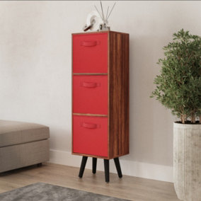URBNLIVING 80cm Height 3 Tier Teak Wooden Storage Bookcase Scandinavian Style Black Legs With Red Inserts