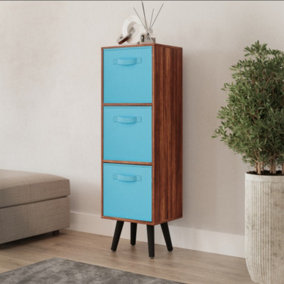 URBNLIVING 80cm Height 3 Tier Teak Wooden Storage Bookcase Scandinavian Style Black Legs With Sky Blue Inserts