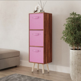 URBNLIVING 80cm Height 3 Tier Teak Wooden Storage Bookcase Scandinavian Style Pine Legs With Light Pink Inserts