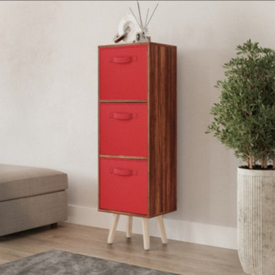 URBNLIVING 80cm Height 3 Tier Teak Wooden Storage Bookcase Scandinavian Style Pine Legs With Red Inserts