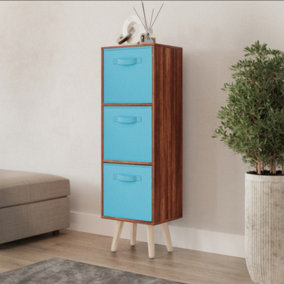 URBNLIVING 80cm Height 3 Tier Teak Wooden Storage Bookcase Scandinavian Style Pine Legs With Sky Blue Inserts
