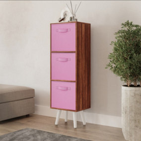 URBNLIVING 80cm Height 3 Tier Teak Wooden Storage Bookcase Scandinavian Style White Legs With Light Pink Inserts