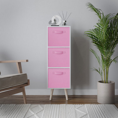 URBNLIVING 80cm Height 3 Tier White Wooden Storage Bookcase Light Pink Insert Pine Legs