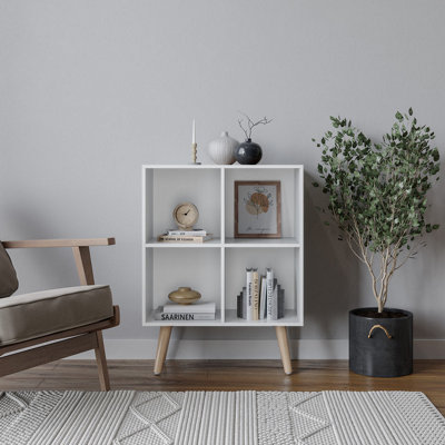 URBNLIVING 80cm Height 4 Cube White Wooden Bookcase with Beech Scandinavian Style Legs Shelves