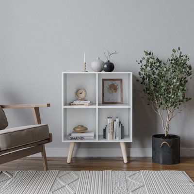 URBNLIVING 80cm Height 4 Cube White Wooden Bookcase with White Scandinavian Style Legs Shelves