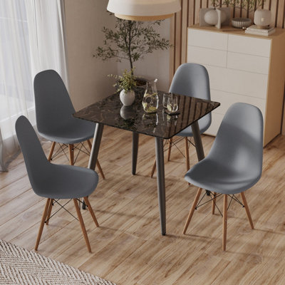 URBNLIVING 80cm Width 5 Pcs Ceramic Square Crimea Shinny Table with Grey Chairs Set