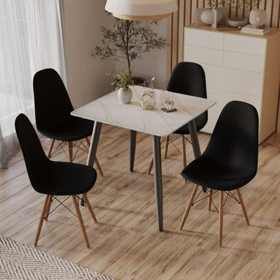 URBNLIVING 80cm Width 5 Pcs Ceramic Square Matt White Table with Black Chairs Set