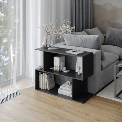 URBNLIVING 80cm Width Black 2-Tier Bookcase Irregular Storage Shelf Wooden Shelving Display Organiser Unit