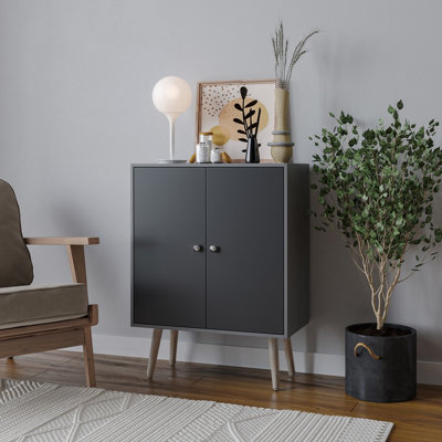 URBNLIVING 81cm Height Grey 2-Tier 2-Door Black Wooden Cabinet With Pine Legs