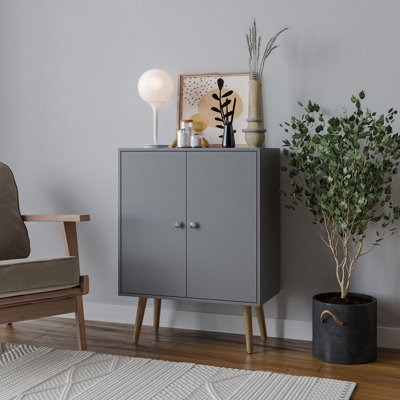 URBNLIVING 81cm Height Grey 2-Tier 2-Door Grey Wooden Cabinet With Beech Legs